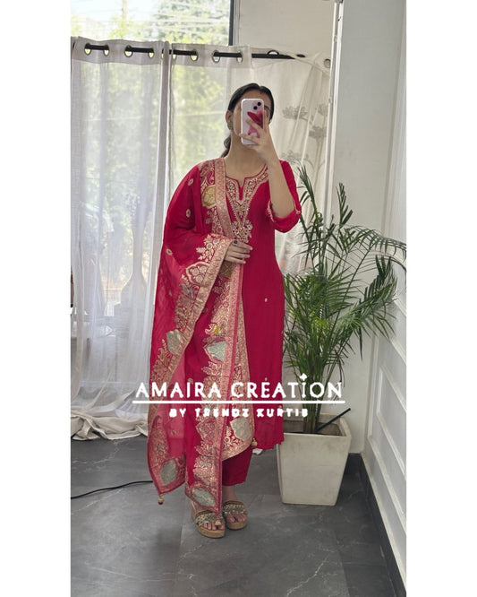 Premium Dola Silk Magenta Royal Handwork With Beautiful Banarasi Dupatta