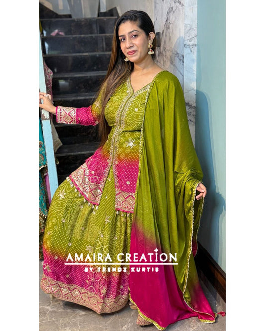 Premium Chinnon Mehendi Green Rani Ombre Skirt Set