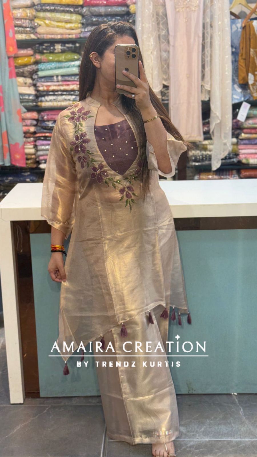 Premium Shimmery Organza Mouse Purple Colour Three Indo-Western Set