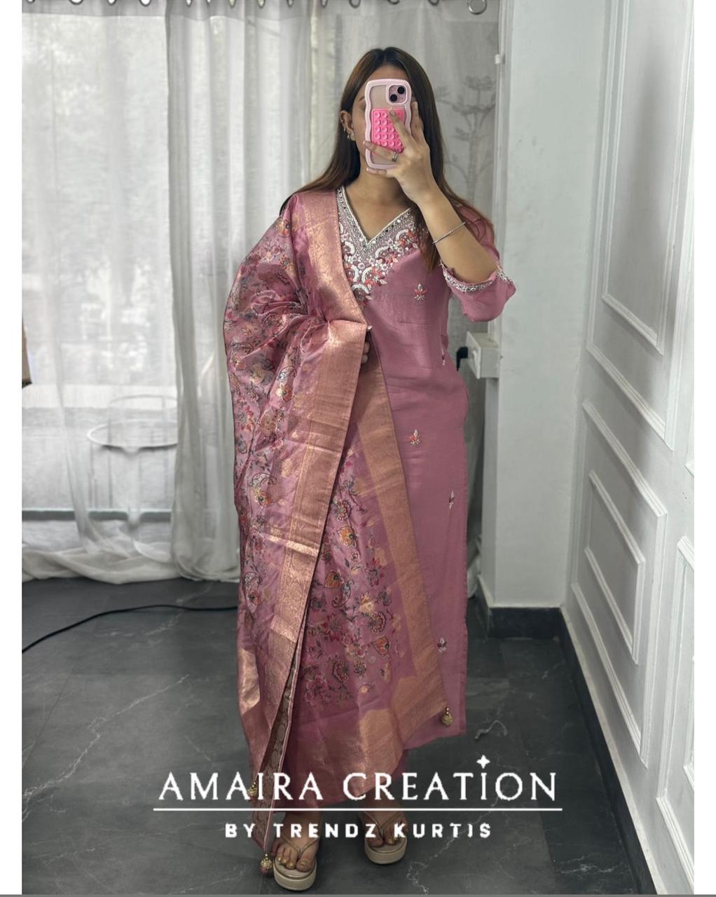 Premium Dola Silk Pink Colour Pant Set With Banarasi Dupatta