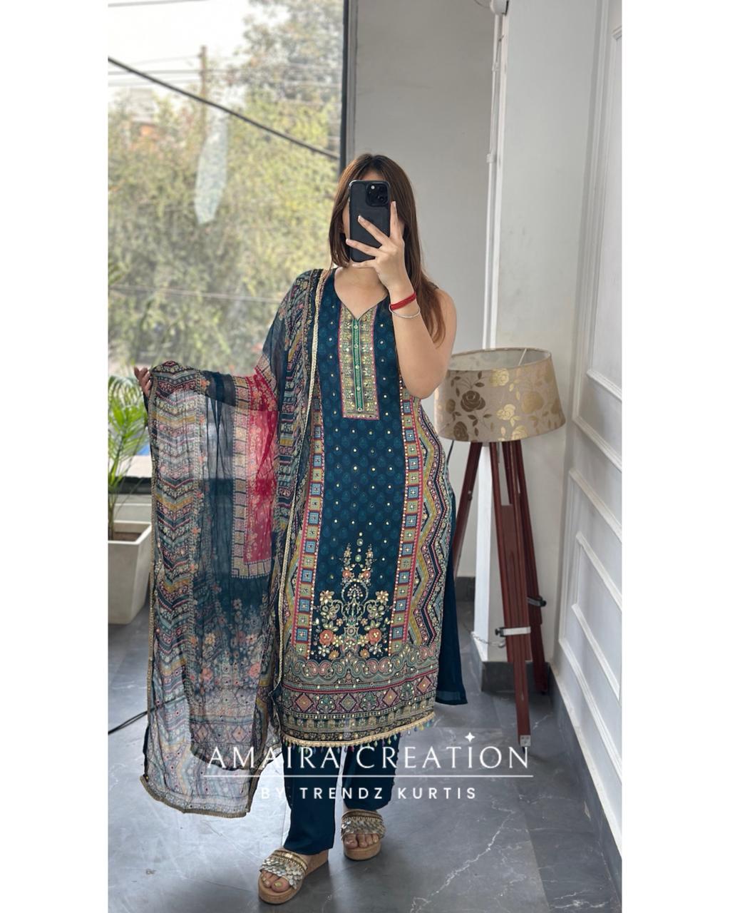 Premium Chinnnon Multi Blue Colour Pant Set