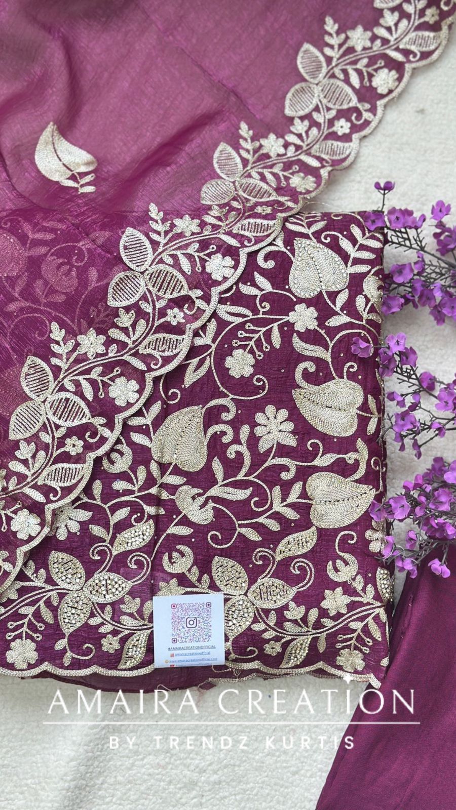 Premium Glass Tissue Wine Zari Work Unstitched Set