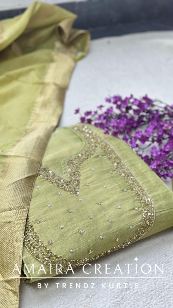 Premium Glass Tissue Pista Green Colour Unstitched Suit With Banarasi dupatta