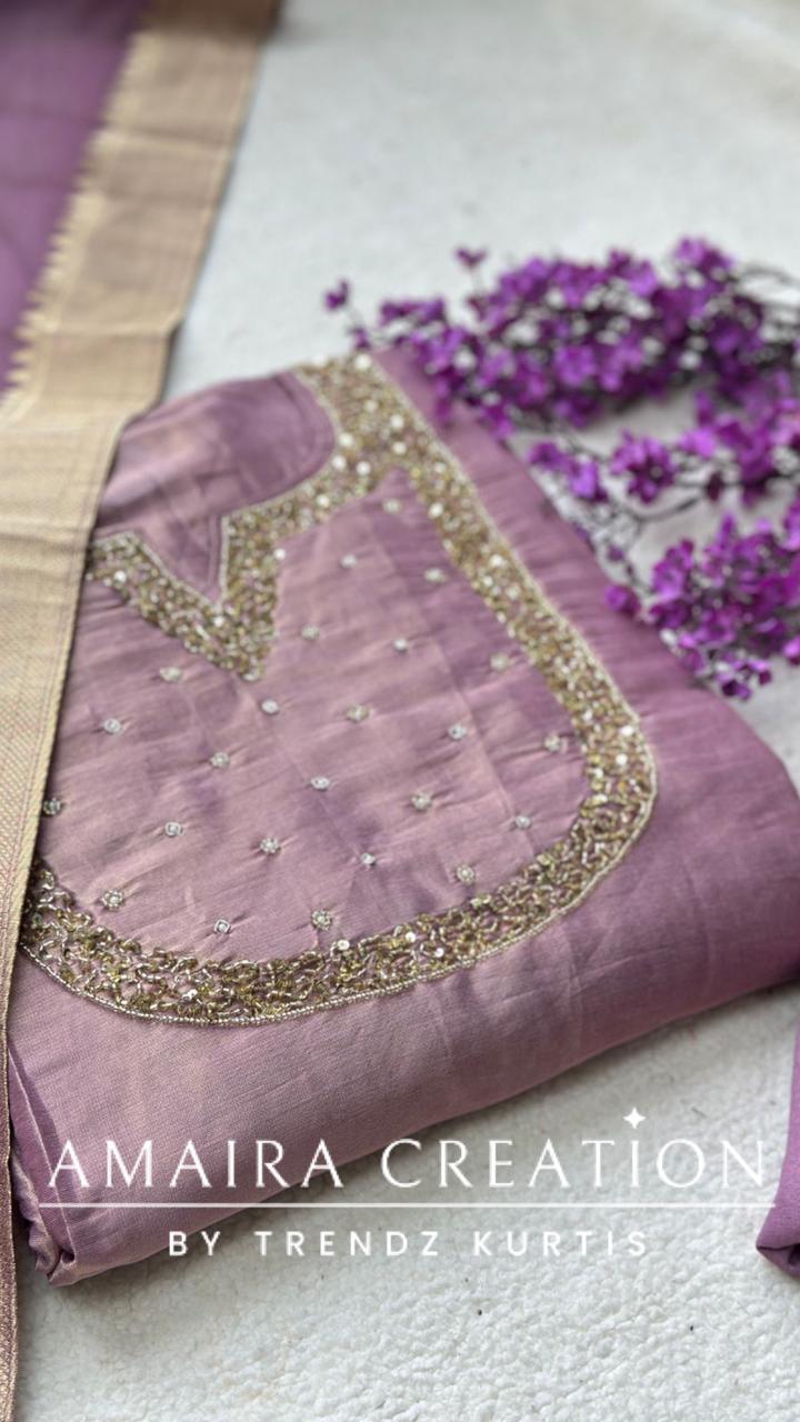 Premium Glass Tissue Lavender Unstitched Suit With Banarasi dupatta