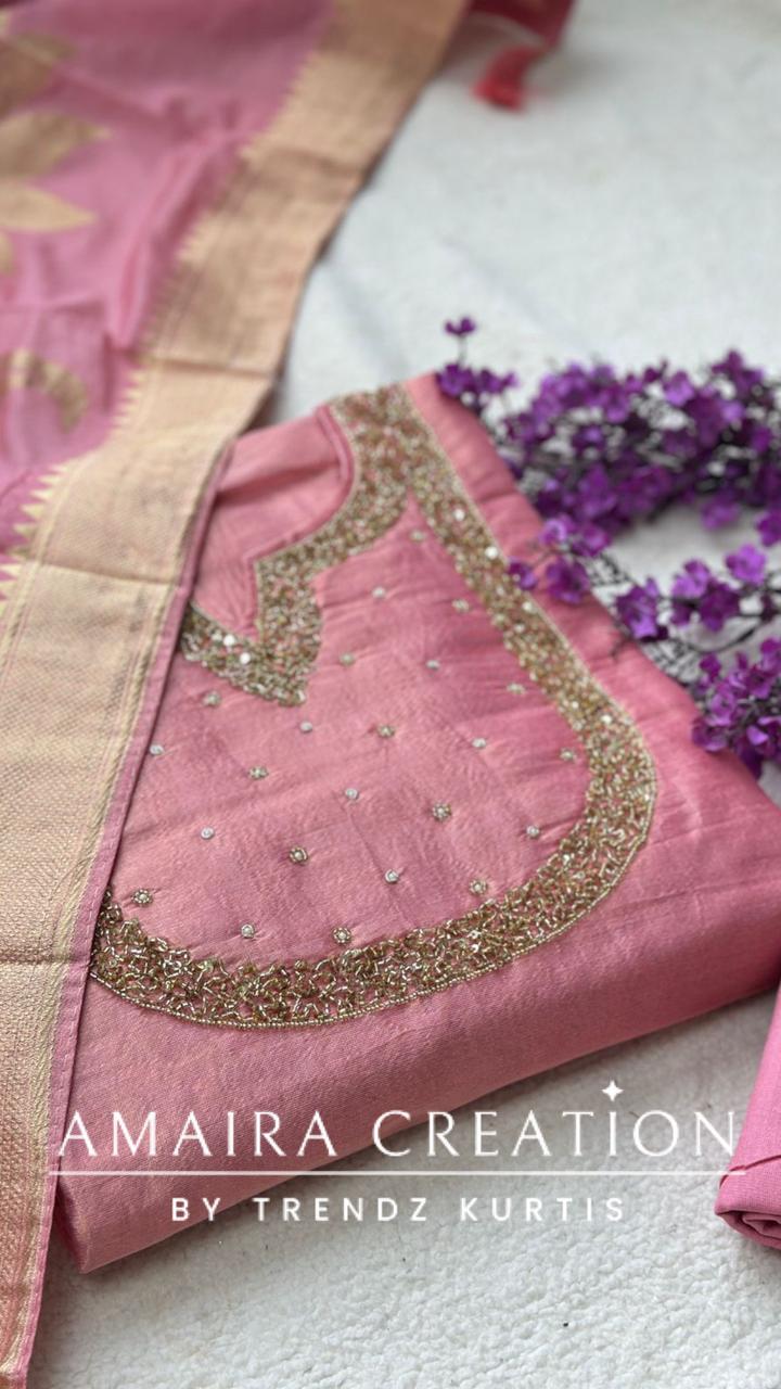 Premium Glass Tissue Peach Unstitched Suit With Banarasi dupatta Rs 1800