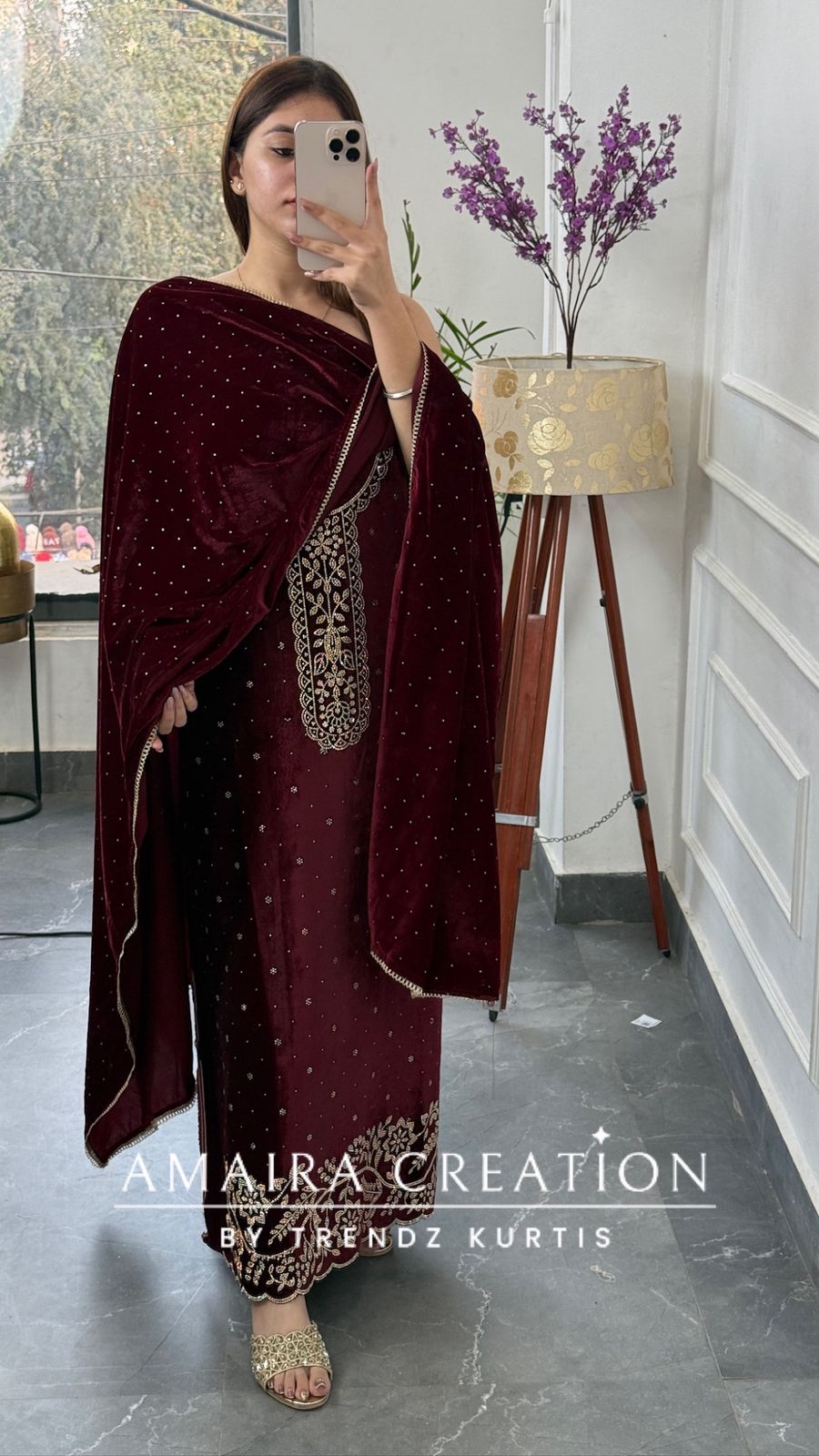 Premium Heavy Velvet Maroon Color Siroski Work Detailing Unstitch Suit