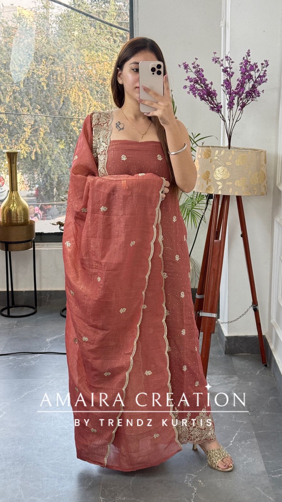 Premium Peach Fendi Fabric Embroidered Turkish Color Unstitch Suit