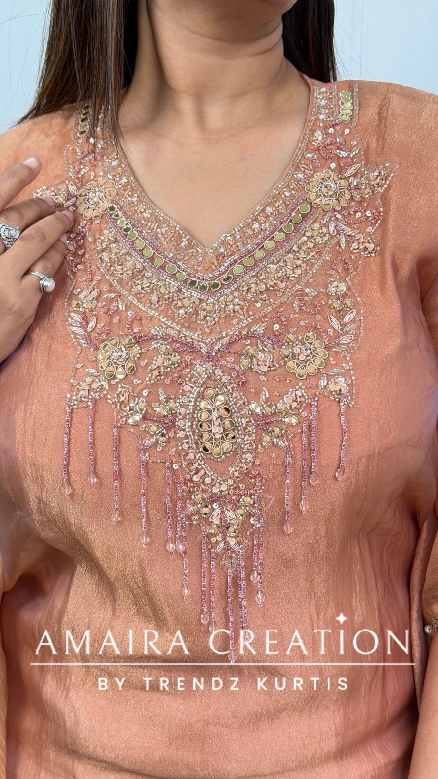 Premium Glass Tissue Peach Colour Kaftan Set