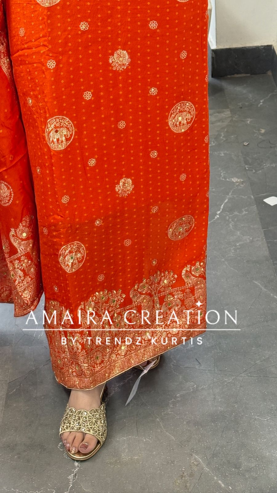 Premium Orange Banarasi Silk Bandez Print Unstitched Suit With Beautiful Banarasi Dupatta