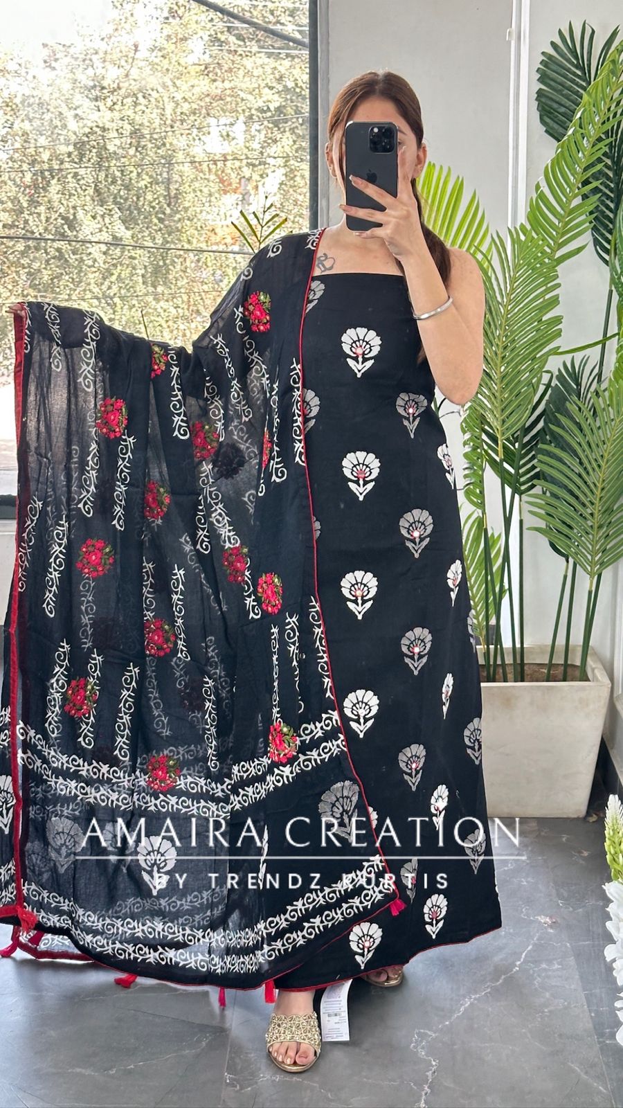 Premium Cotton Black Color With Mirror Work & Full Thread Embroidered Detailing Dupatta