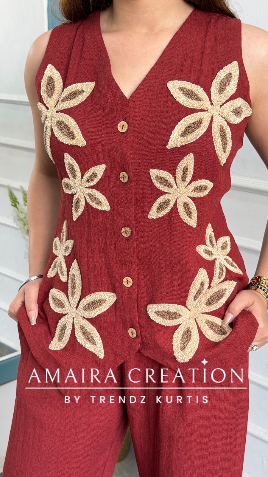 Imported Brick Colour Cotton Towel Work Designer Cord Set