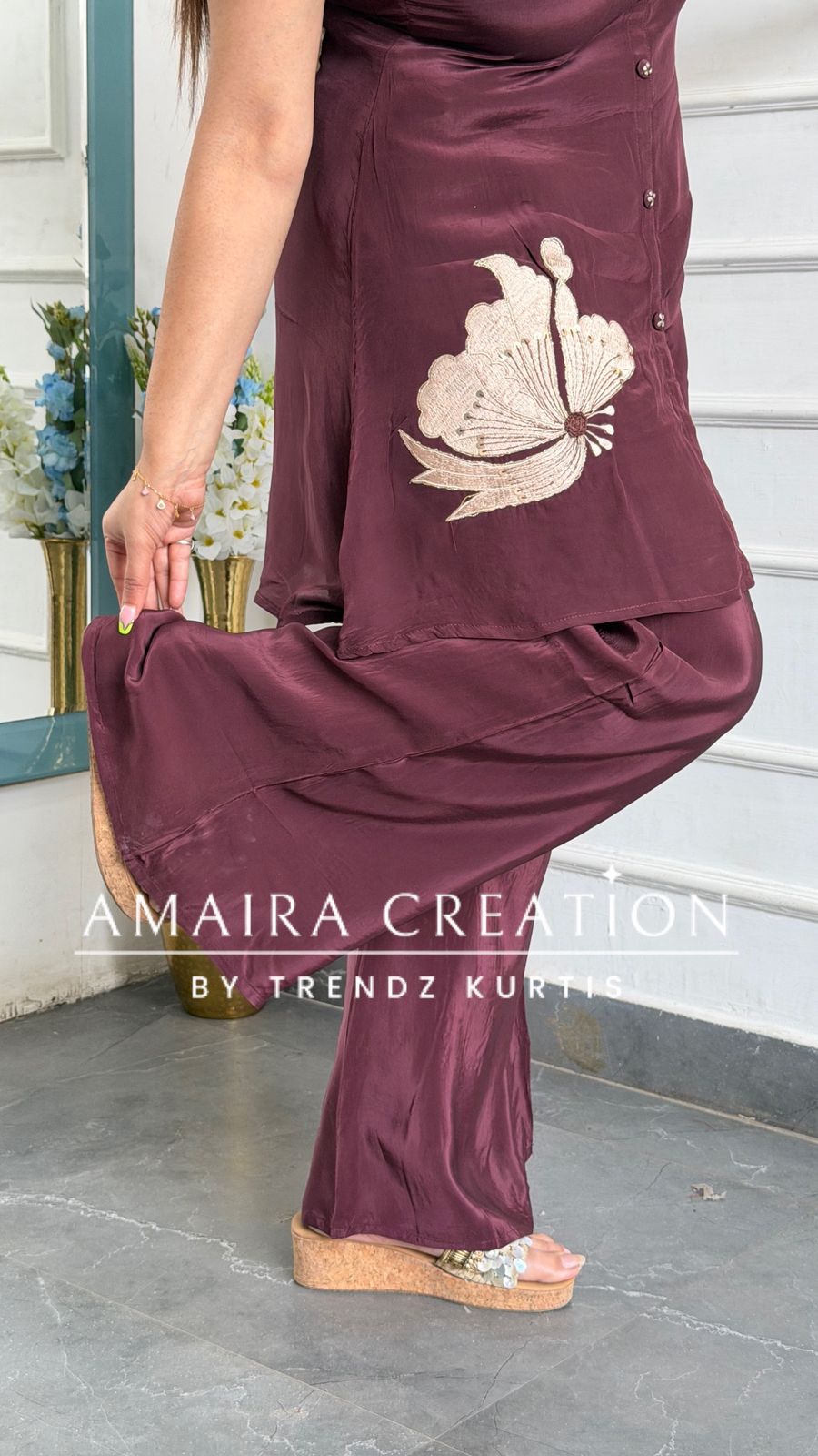 Premium Wine Crepe Fabric Beautiful Thread Work Cord Set