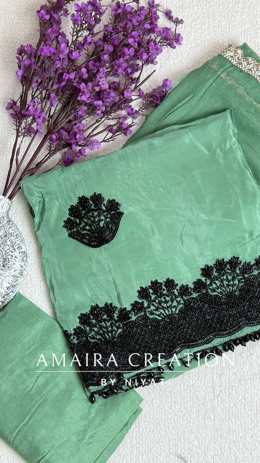 Organza Black Handwork Unstitch Suit