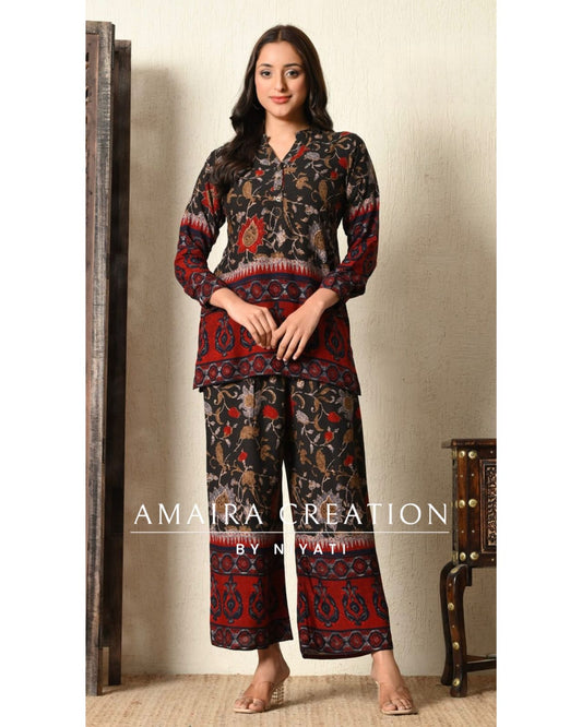 Black Kalamkari Print Reyon Fabric Cord Set