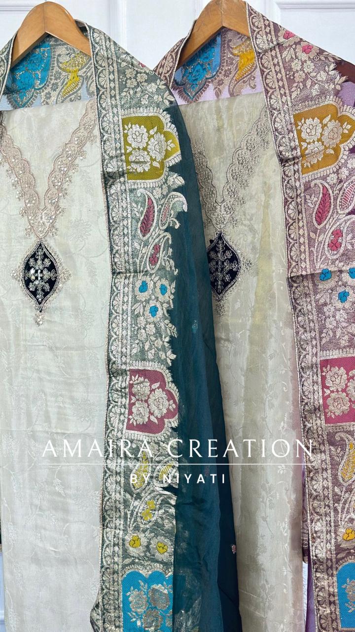Cream Self Print Glass Tissue Unstitch Suit With (Organza Dupatta)