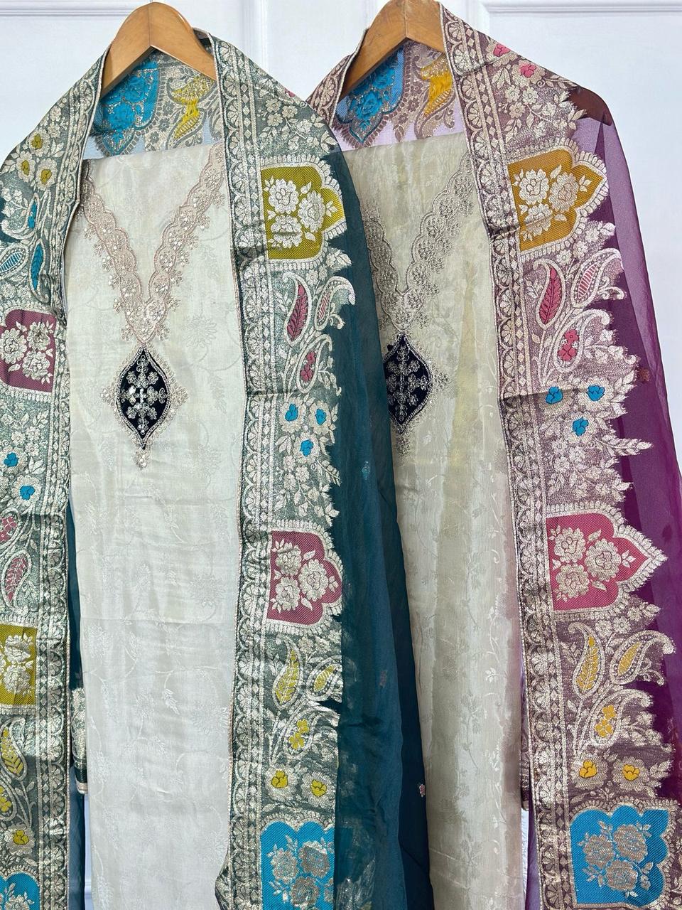 Cream Self Print Glass Tissue Unstitch Suit With (Organza Dupatta)