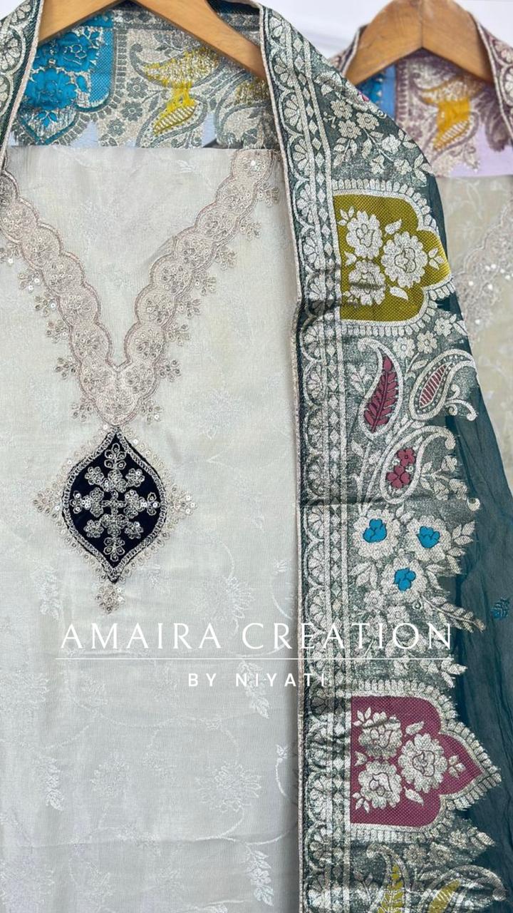 Cream Self Print Glass Tissue Unstitch Suit With (Organza Dupatta)