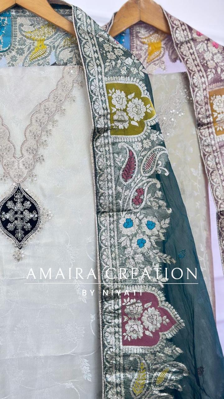 Cream Self Print Glass Tissue Unstitch Suit With (Organza Dupatta)