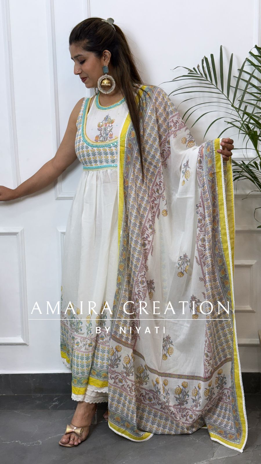 White Floral Print A Line Side Slit Set