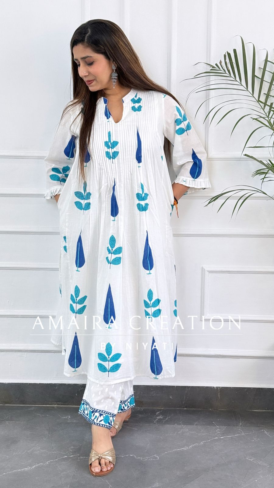 White Block Print Cotton A Line Kurta Set
