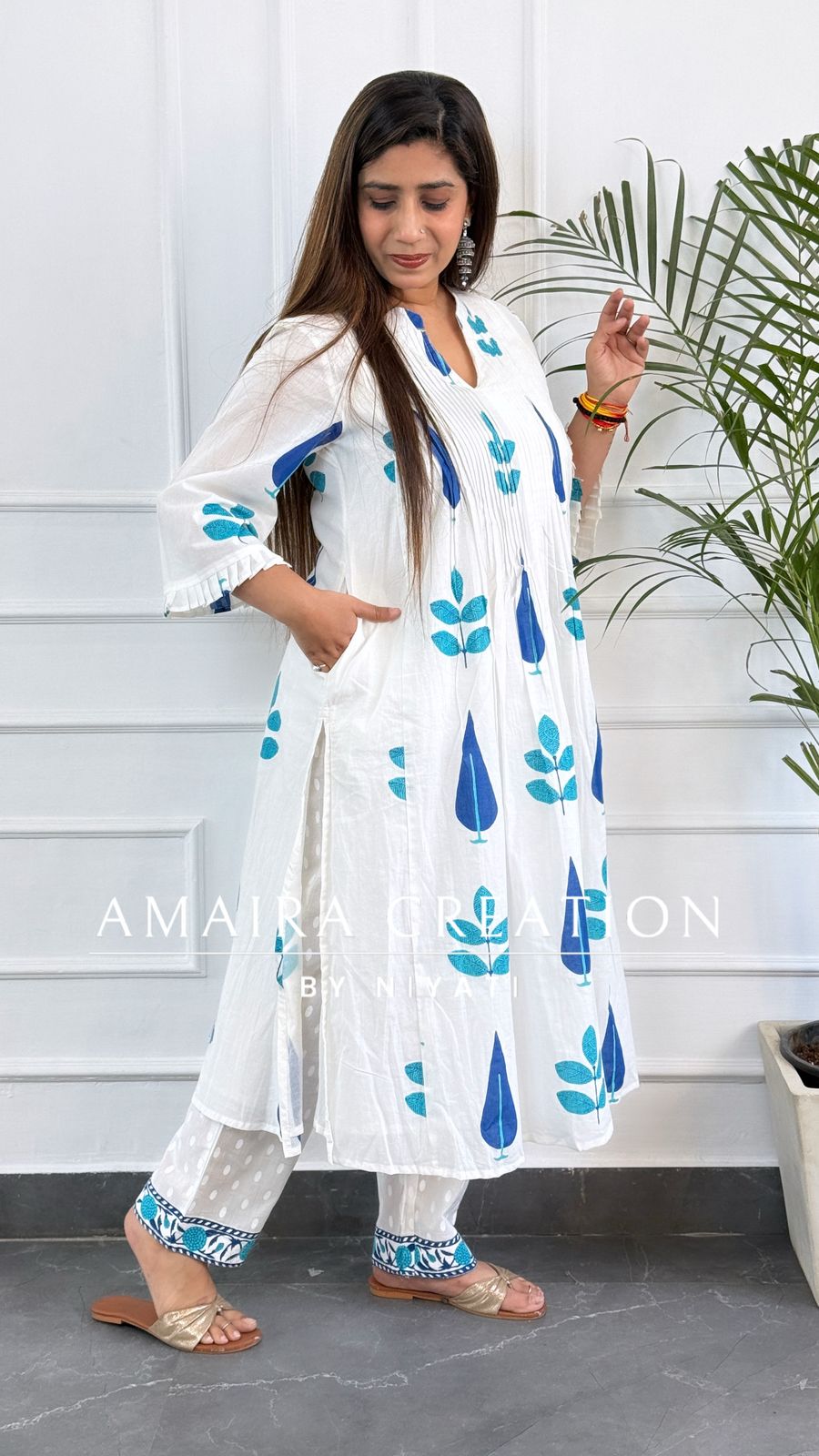 White Block Print Cotton A Line Kurta Set