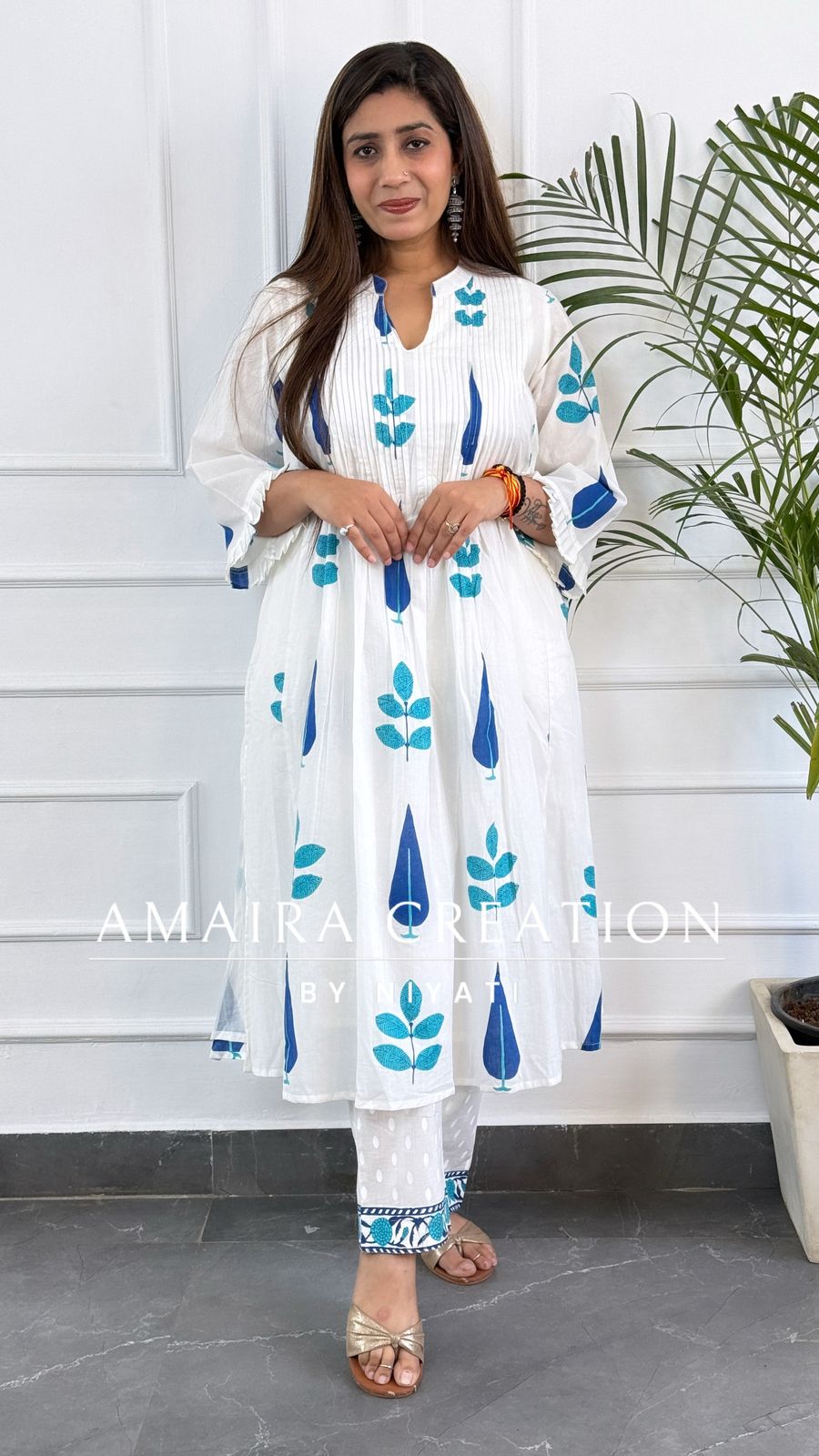 White Block Print Cotton A Line Kurta Set