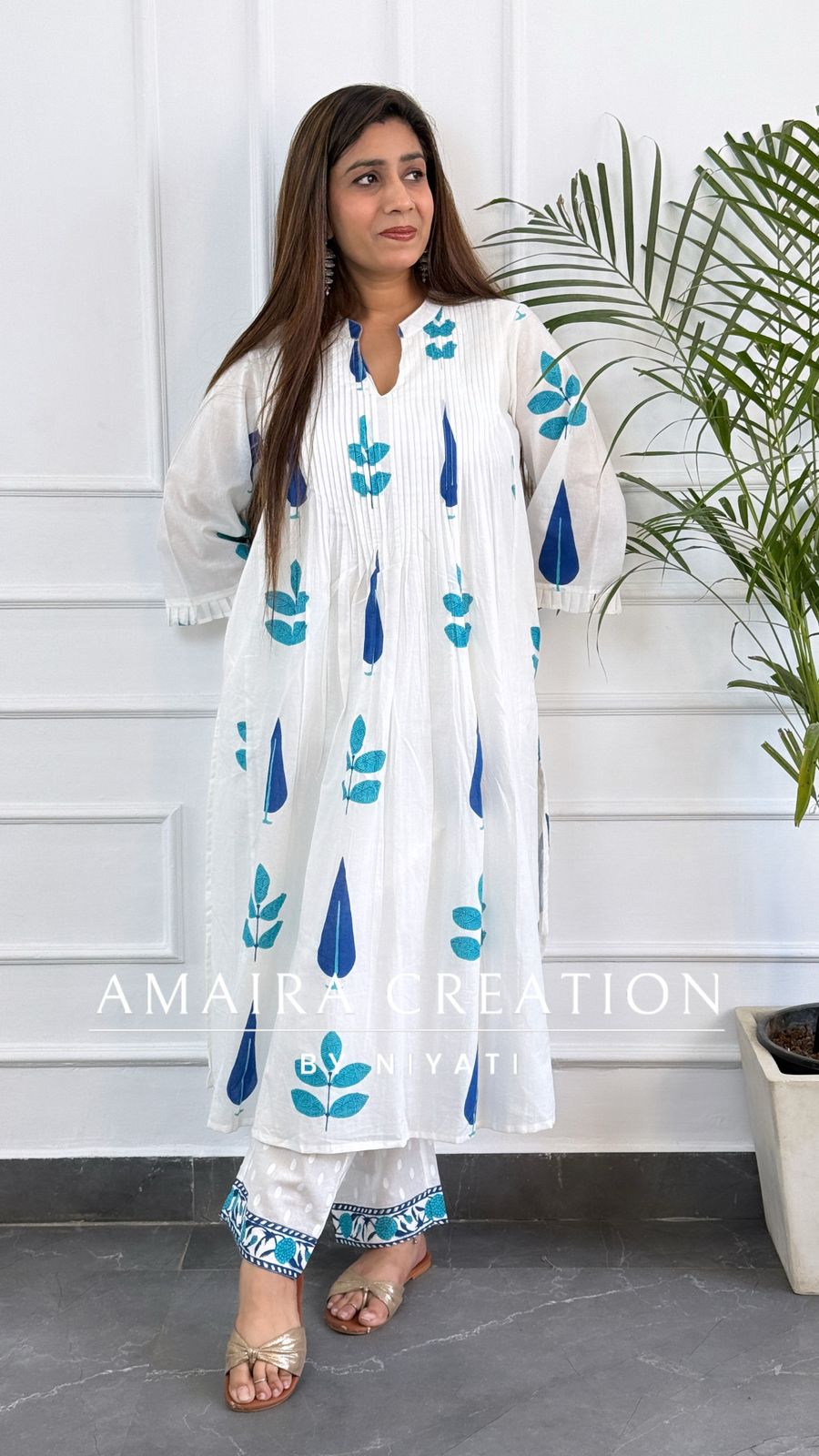 White Block Print Cotton A Line Kurta Set