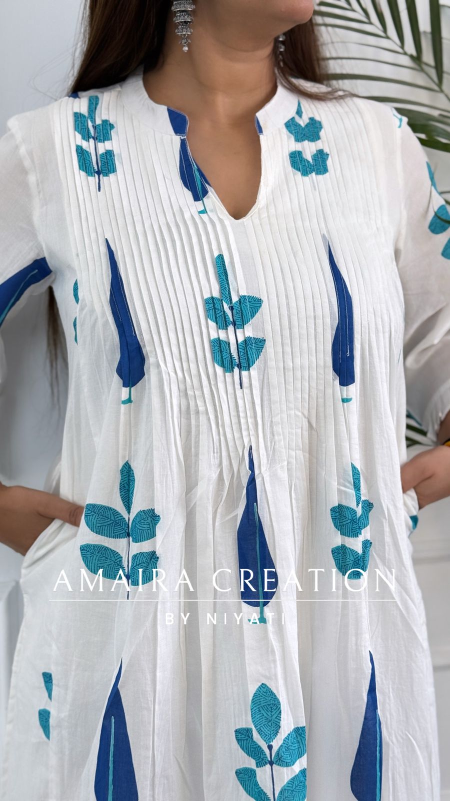 White Block Print Cotton A Line Kurta Set