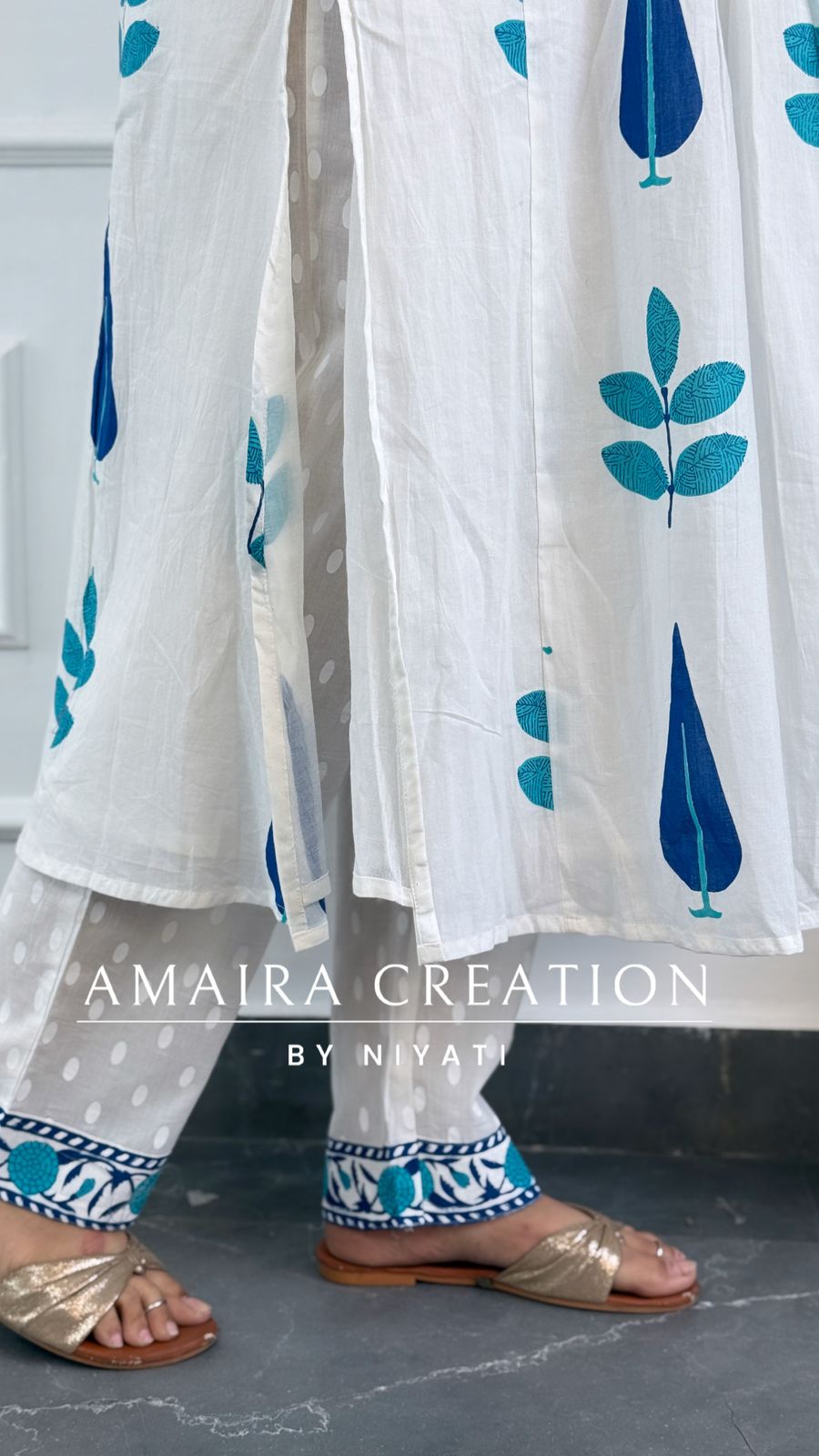 White Block Print Cotton A Line Kurta Set
