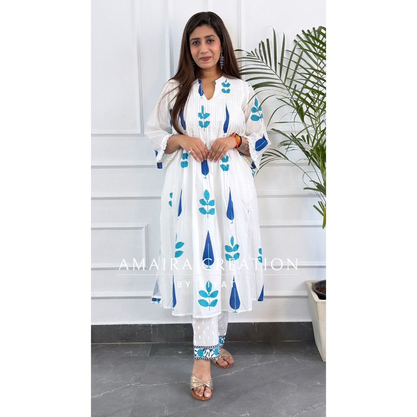 White Block Print Cotton A Line Kurta Set