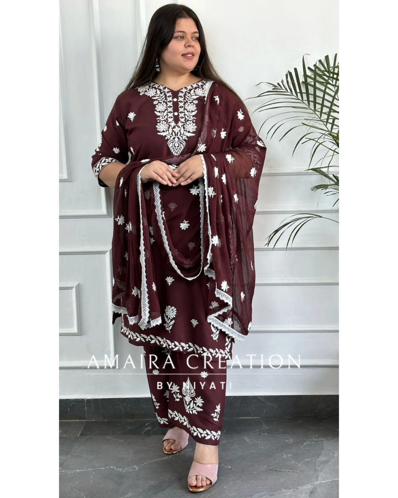 Brown Color Reyon Chickenkari Suit With Chiffon Dupatta