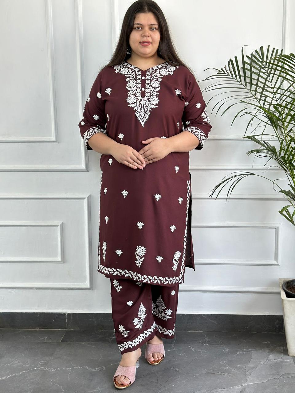 Brown Color Reyon Chickenkari Suit With Chiffon Dupatta