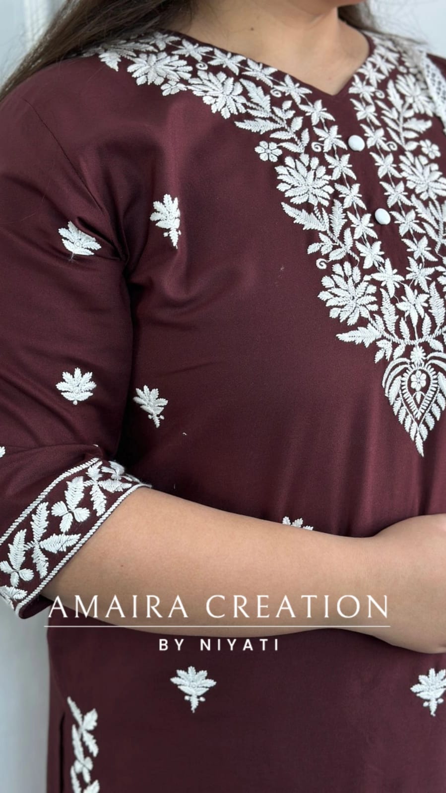 Brown Color Reyon Chickenkari Suit With Chiffon Dupatta