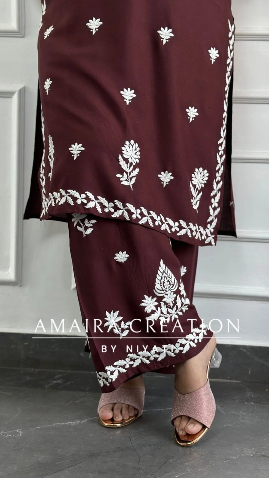 Brown Color Reyon Chickenkari Suit With Chiffon Dupatta