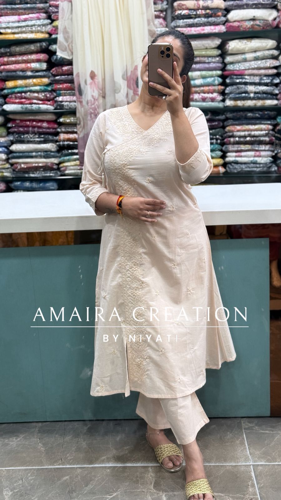 Beige Cotton Lakhnavi Angrakha A Line Pants Set