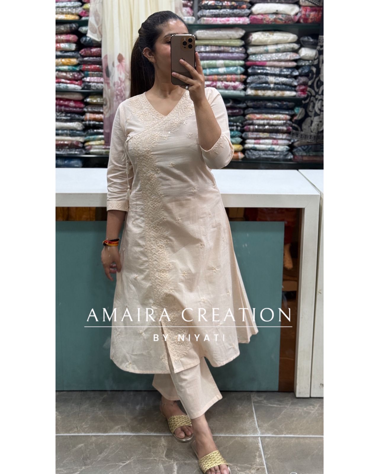 Beige Cotton Lakhnavi Angrakha A Line Pants Set