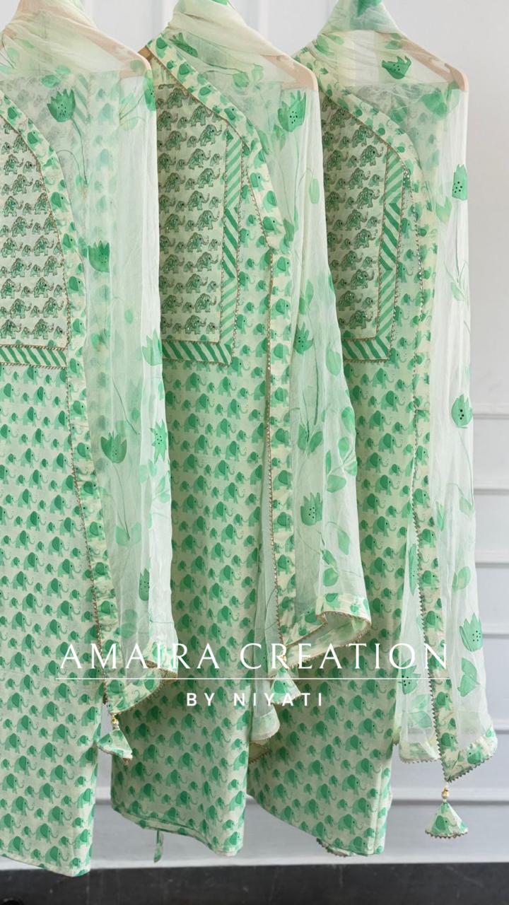 Beautiful Leaf Green Cotton Unstitch suit with Brush Print Chiffon Dupaata