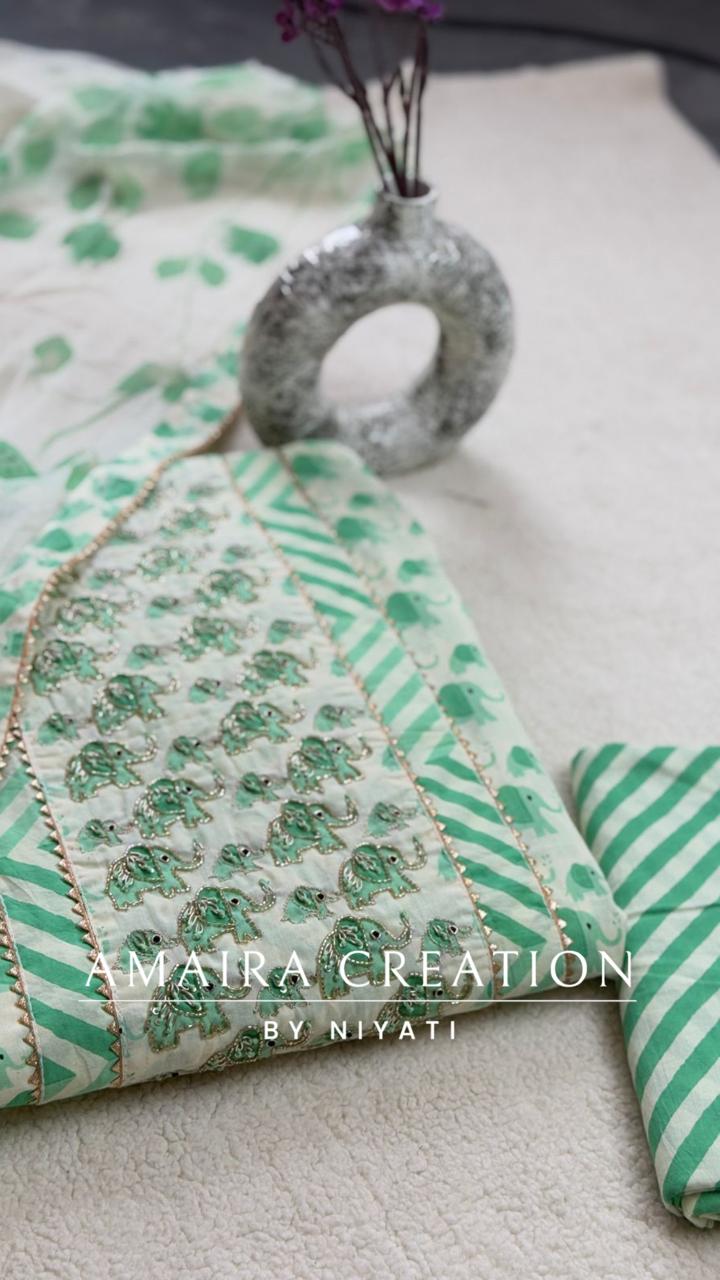 Beautiful Leaf Green Cotton Unstitch suit with Brush Print Chiffon Dupaata