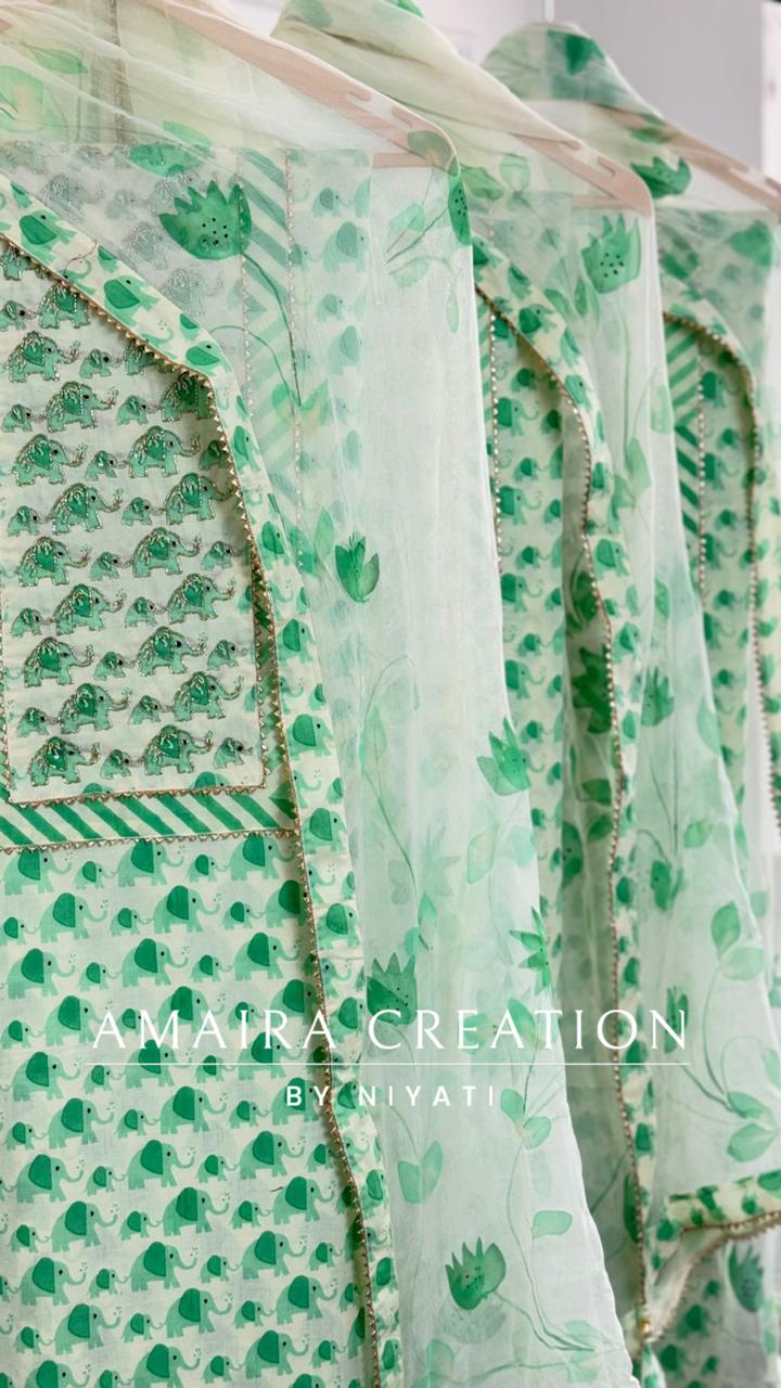 Beautiful Leaf Green Cotton Unstitch suit with Brush Print Chiffon Dupaata