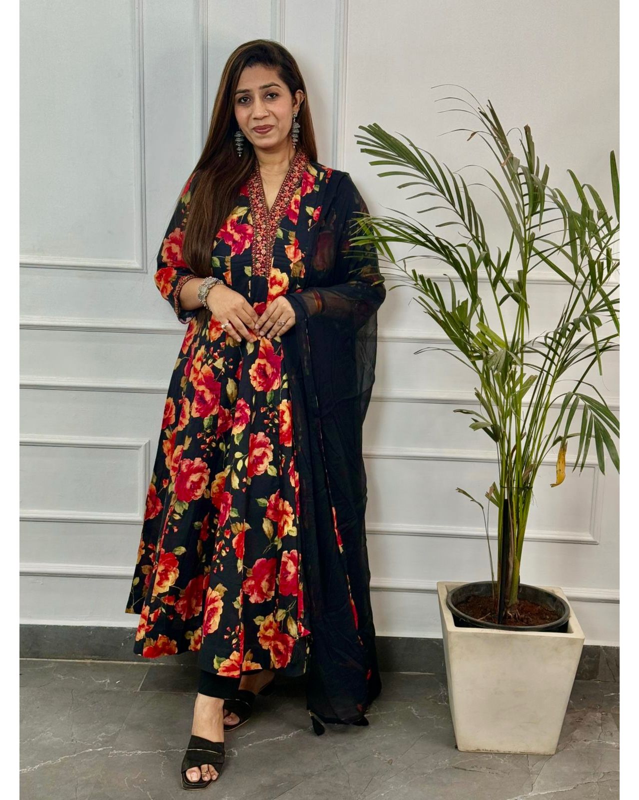 V Neck Black Cotton Thread Embroidered Anarkali Set With Chiffon Dupatta
