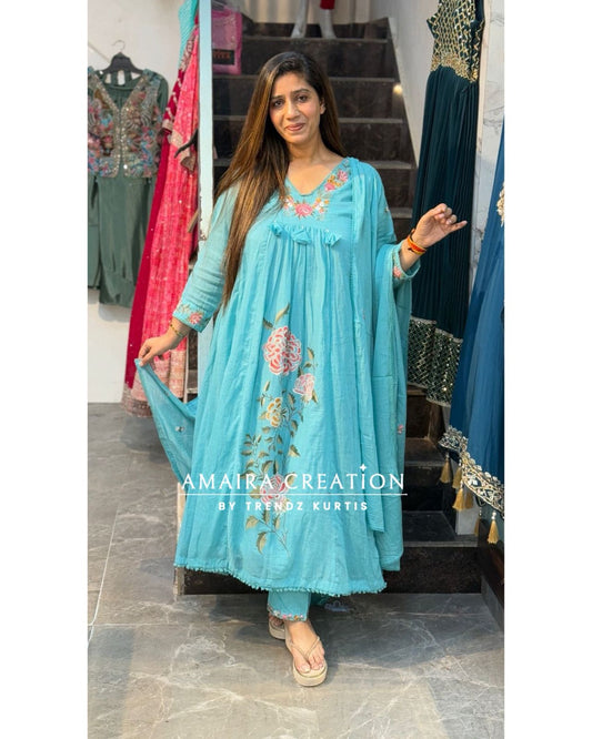 Skyblue Thread Embroidery Beautiful Anarkali Set