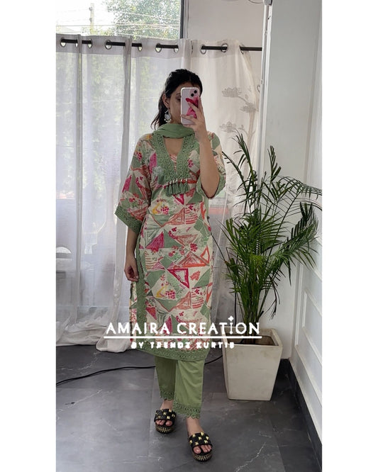 Premium Cotton Light Green Color  Designer Suit Set