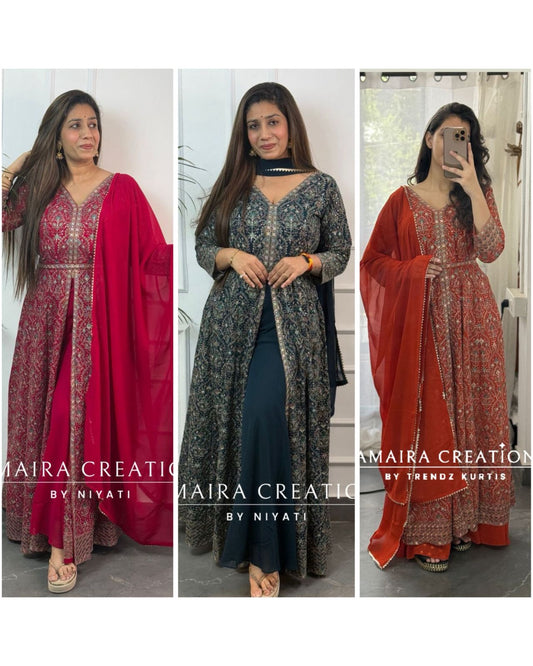 Thread Embroidered Georgette Fabric Centre Slit Anarakali Set