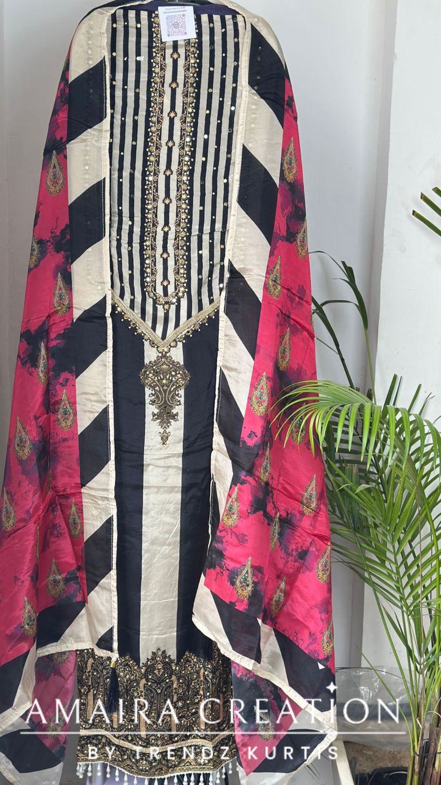 Premium Crepe Beige Black Unstitched Suit With Beautiful Crepe Dupatta