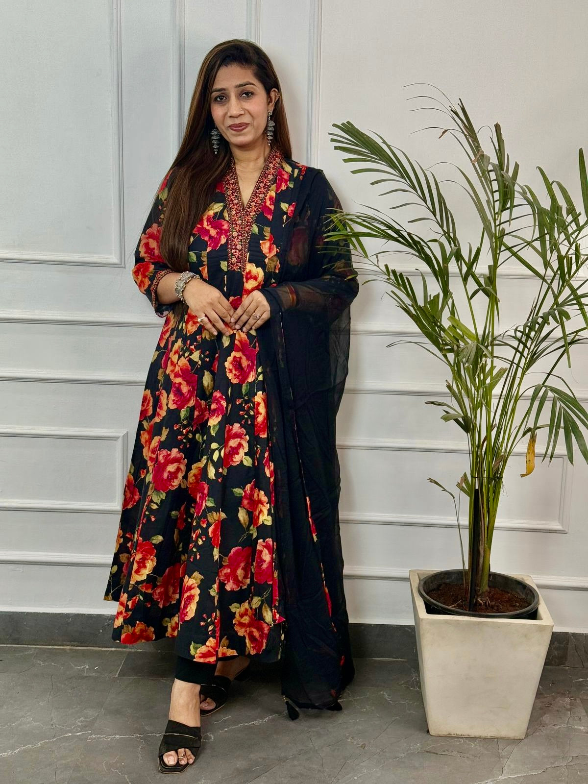 V Neck Black Cotton Thread Embroidered Anarkali Set With Chiffon Dupatta