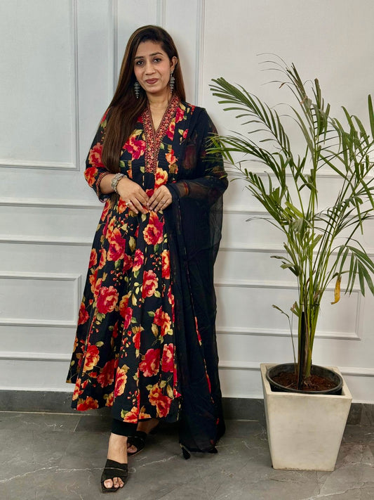 V Neck Black Cotton Thread Embroidered Anarkali Set With Chiffon Dupatta