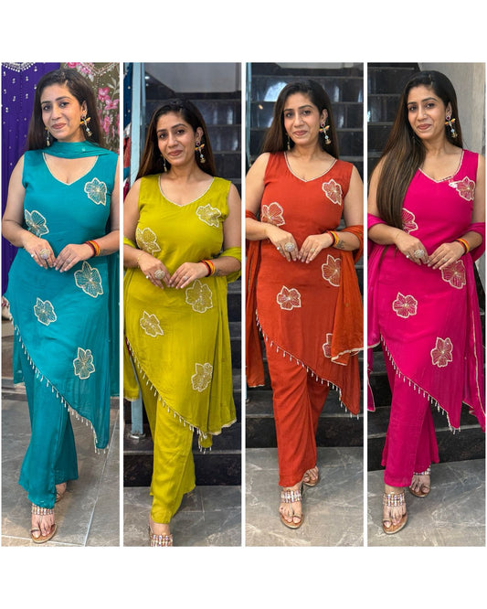 Premium Chinnon Fabric Designer Pant Set(8 inches sleeves available)