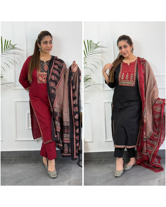 Cotton Pant Suit With Printed Dupatta