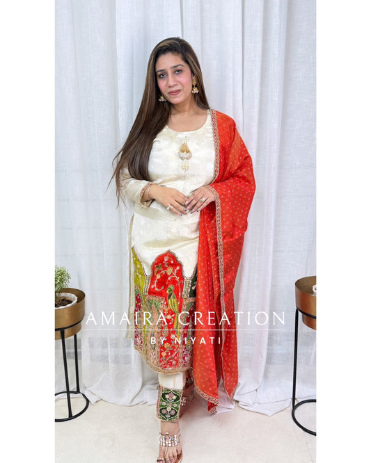 Cream Color Hand Embroidered Pant Set