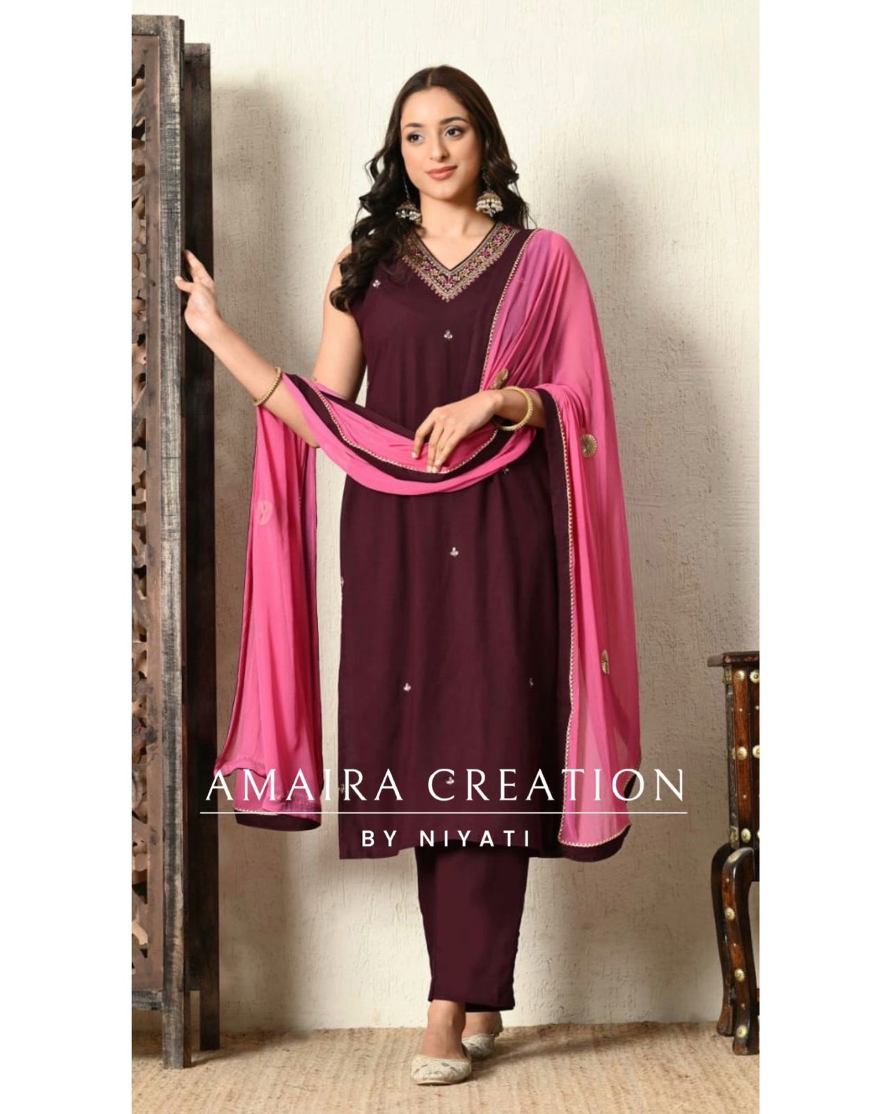Wine Vichitra Silk Pant Set(17 inches Sleeves Available)